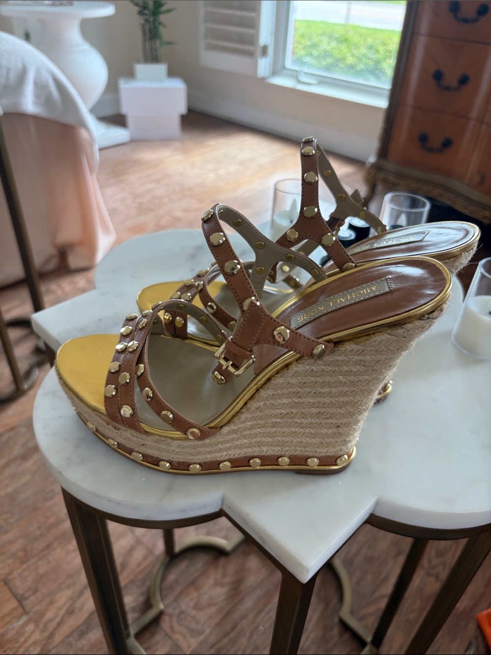 Michael Kors Brown Leather Espadrille Wedge Sandals with Gold Studs